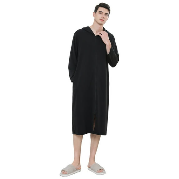 XBASW Women's Mens Long Robe Hooded Bathrobe Zipper Bath Towel Couple Full Length Solid with Pocket Sleepwear M-XL