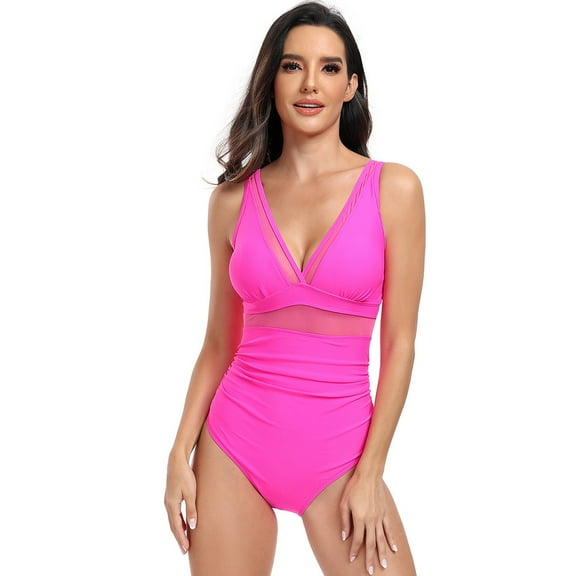 XBASW Women's One Piece Swimsuits Mesh Bathing Suits V Neck Slimming Adjustable Strap Swimwear S-XXL