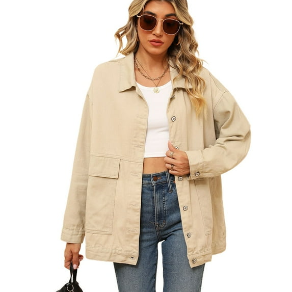 XBASW Women's Oversized Denim Jacket Long Sleeve Jean Jacket Casual Vintage Jean Top Coat with Pockets for Womens S-XXL