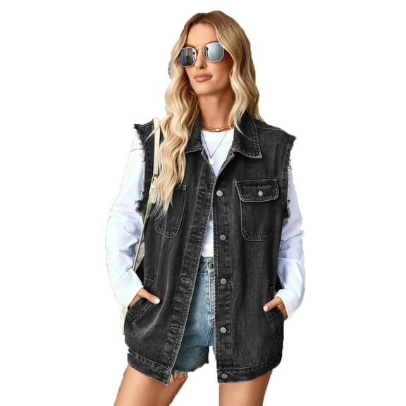 XBASW Women's Washed Denim Vest Loose Sleeveless Jean Waistcoat Summer Cardigan Coats S-XL
