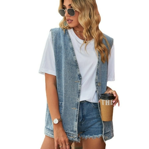 XBASW Womens Cotton Denim Vest for V-Neck Jean Waistcoat Sleeveless Button down Denim Jacket S-3XL