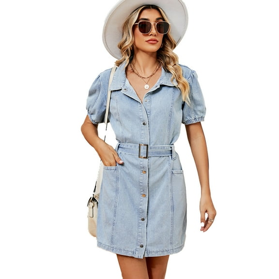 XBASW Womens Denim Dresses Mid-Length Jeans Dress Washed Summer Cowboy Dress for Womens S-XL
