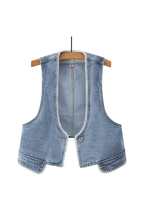 Womens Denim Vest Beading Sleeveless Jackets V-Neck Jean Waistcoat Top for Womens S-3XL