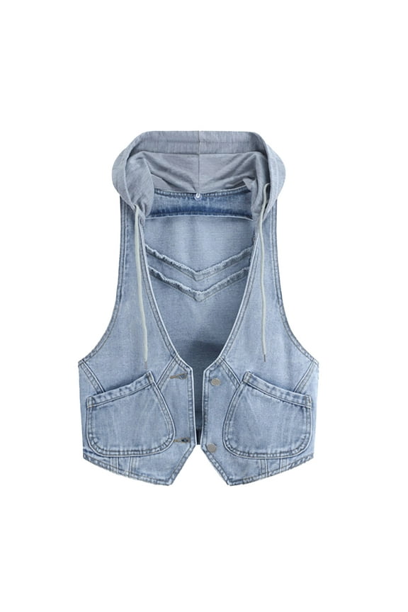 Womens Hooded Denim Jackets Sleeveless Jean Jackets for Spring Autumn Button down Waistcoat for Womens S- 3 XL