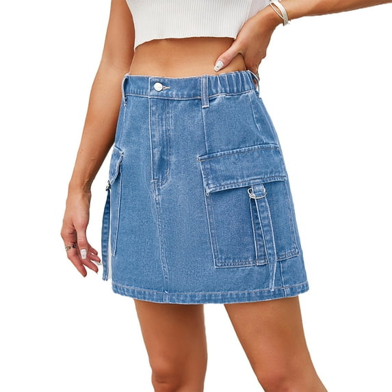 XBASW Womens Jean Skirts Washed Denim Cargo Skirts High Waisted Summer Mini Skirt with Pockets for Womens S-XXL