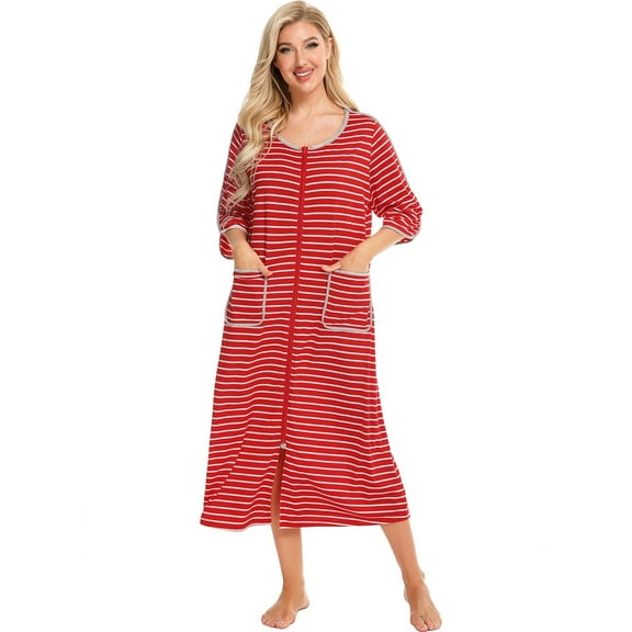 XBASW Womens Nightgown V Neck Nightshirts Striped Nightdress Seven-Minute Sleeves Sleepwear with Pockets S-XXL