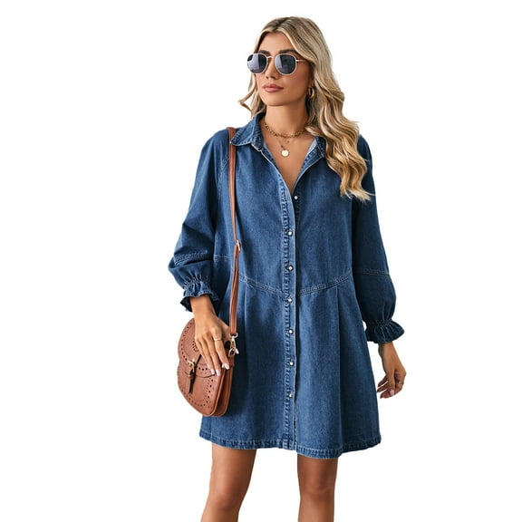 XBASW Womens Patchwork Denim Dresses 3/4 Sleeve Summer Jeans Dress with Button down for Womens S-XL