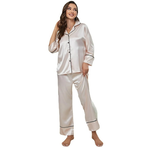 XBASW Womens Satin Pajama Set Solid Color Silk Pjs Outfit Long-Sleeved Sleepwear Button down Spring Fall Loungewear S-XL