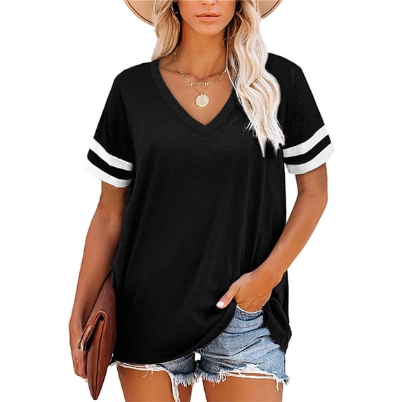 XBASW Womens T Shirts Short Sleeve V Neck Tees Loose Color Blocking Summer Tops S-2XL