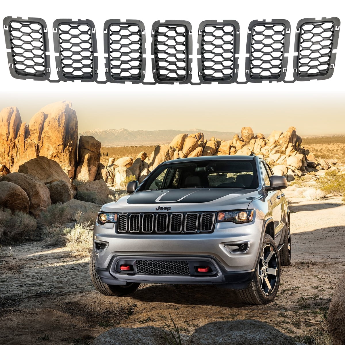 XBEEK Matte Black Honeycomb Front Grill Inserts Mesh Grille Fits 2017,  2018, 2019, 2020, 2021 Jeep Grand Cherokee 7PCS