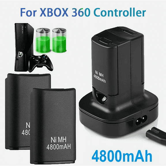XBOX 360 Dual Charger Station Dock with 2 Rechargeable Batteries - Fast Charging Stand for Wireless Controllers (Black)