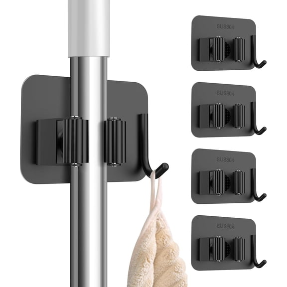 XBQUSVI 6 Pack No Drill Self Adhesive Broom Mop Holder Wall Mount with Hooks, Stainless Steel Organizer for Kitchen Bathroom Garage Storage, Black