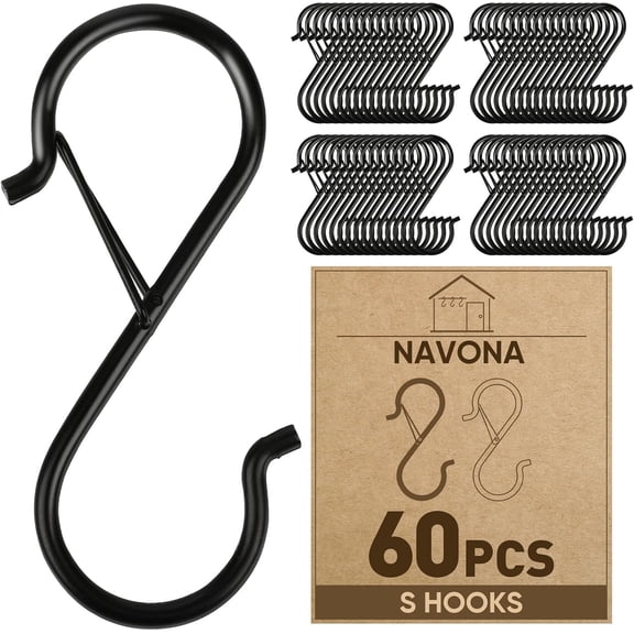 XBQUSVI 60 Pack 3.5 Inch S Hooks with Safety Buckle, Heavy Duty Metal Hooks for Hanging Plants, Kitchen Utensils, Pots, Pans, Bags, Fits 0.5 Inch Rods