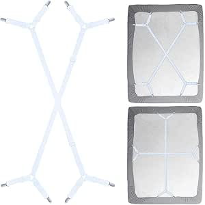 XBQUSVI Adjustable Bed Sheet Straps Suspenders, 2Pcs Crisscross Sheet Fasteners with Clips Grippers, Elastic Sheet Holder Keepers for Mattress, White