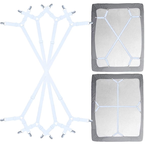 XBQUSVI Adjustable Bed Sheet Fasteners Straps Crisscross Corner Holders for Fitted Sheets 4-Pack White