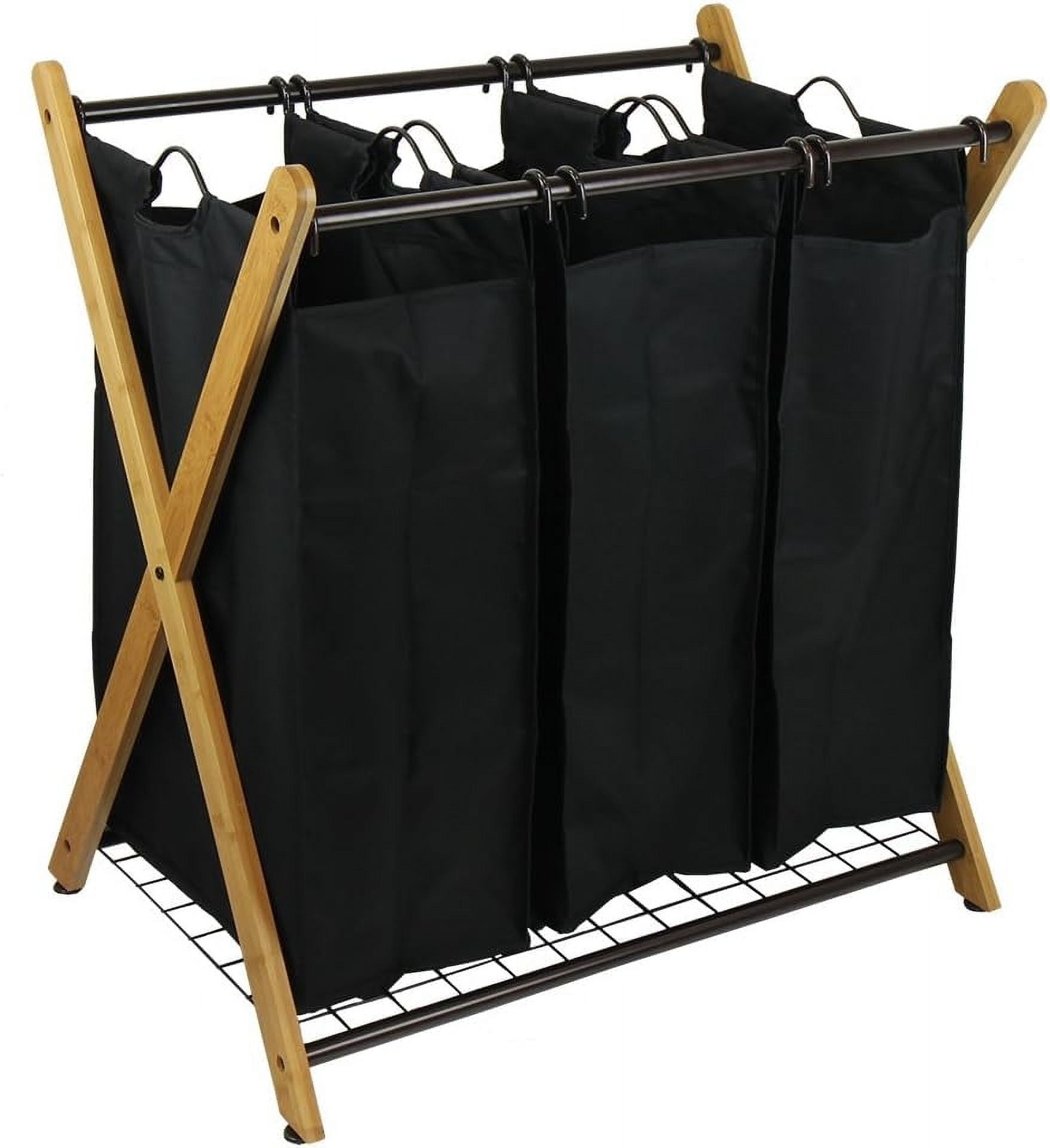 Black Bamboo X-Frame 3-Bag Laundry Sorter with Wire Handles