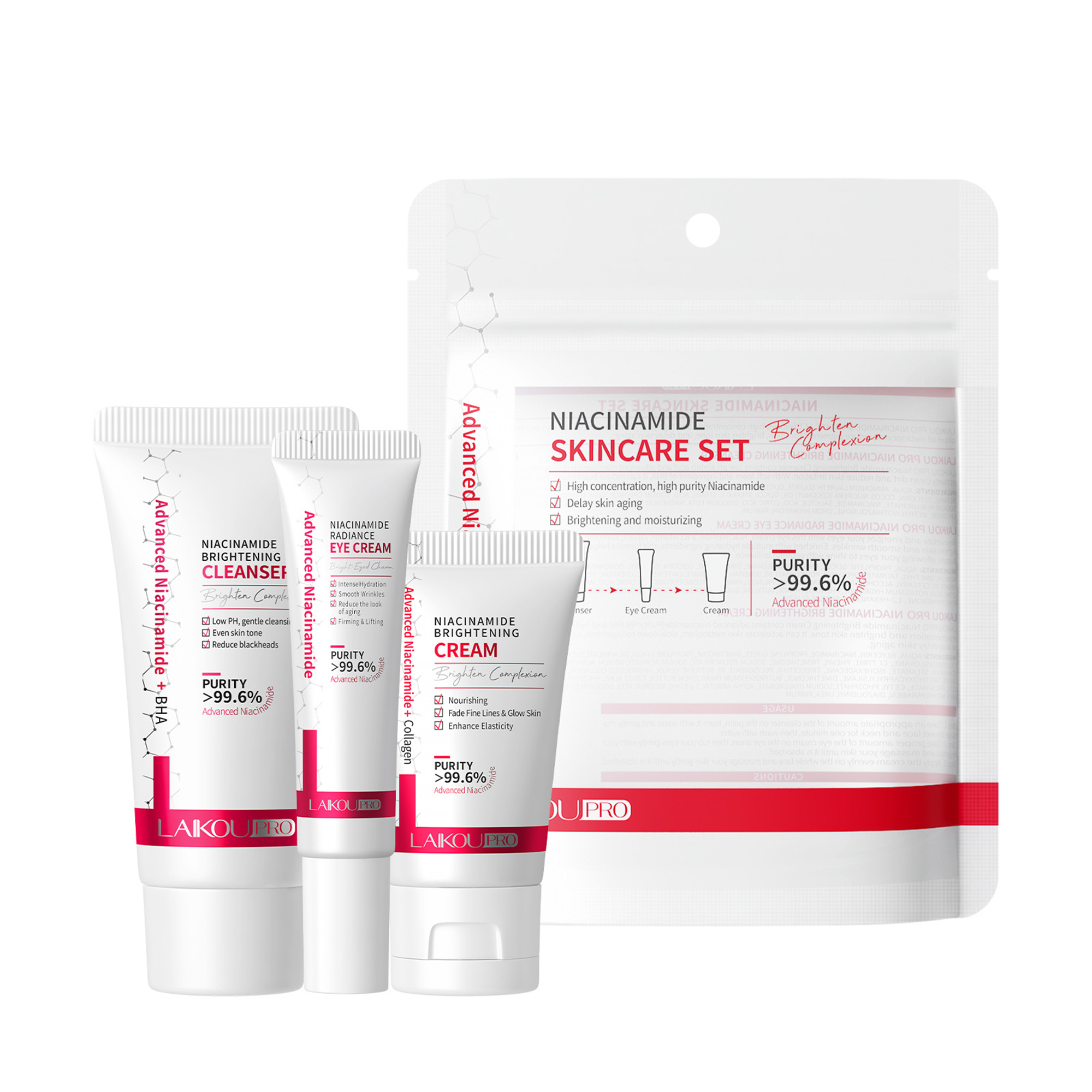 Niacinamide Skincare Set 3-teilig – Reiniger, Augencreme & Gesichtscreme Für Ebenmäßigen, Strahlenden Teint