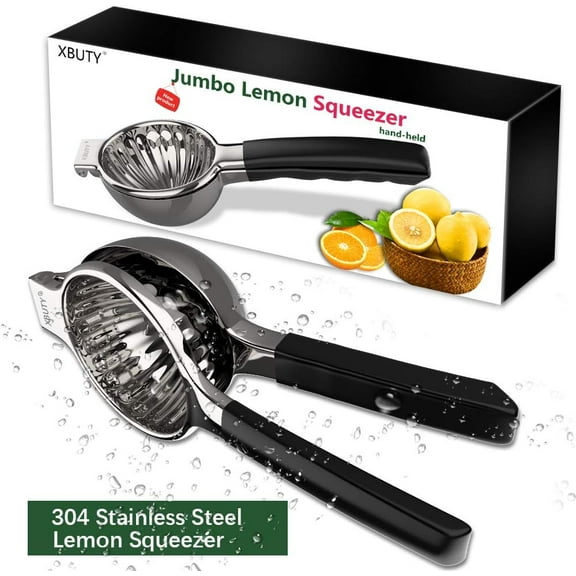 XBUTY Extra Large Lemon Squeezer Stainless Steel Manual Non-Slip Hand-Held Jumbo Citrus Press, Black