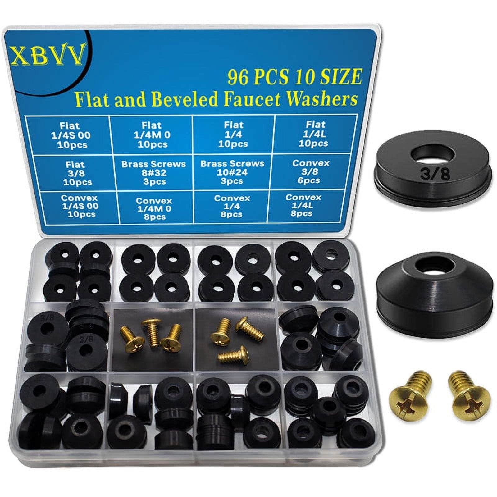 XBVV 96pc Assorted Faucet Washer Kit Flat & Beveled, w/ Brass Bibb Screws