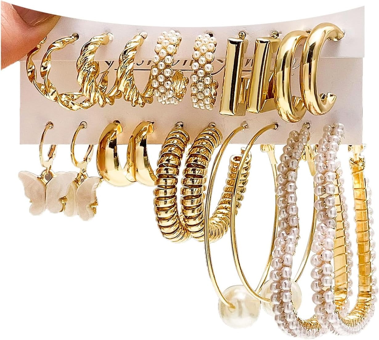 XBage 10 Pairs Gold Hoop Earring Set For Women,14K Gold Chunky Punk Earring Multipack Smooth Surface Trendy Big Small Stud Earring Lightweight Twisted Pearl Ear Pack For Birthday Party Gift[Z2612]