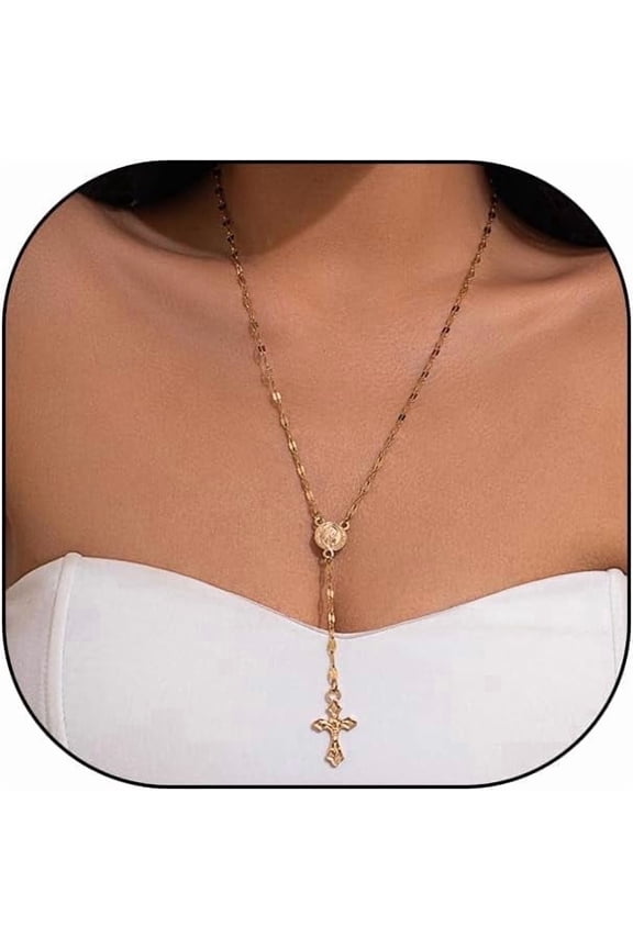 14K Gold Plated Cross Thin Chain Pendant Necklace, Adjustable Layered Stacked Long Y Necklace, Simple Daily Charm Statement Jewelry Gift[xl5676]
