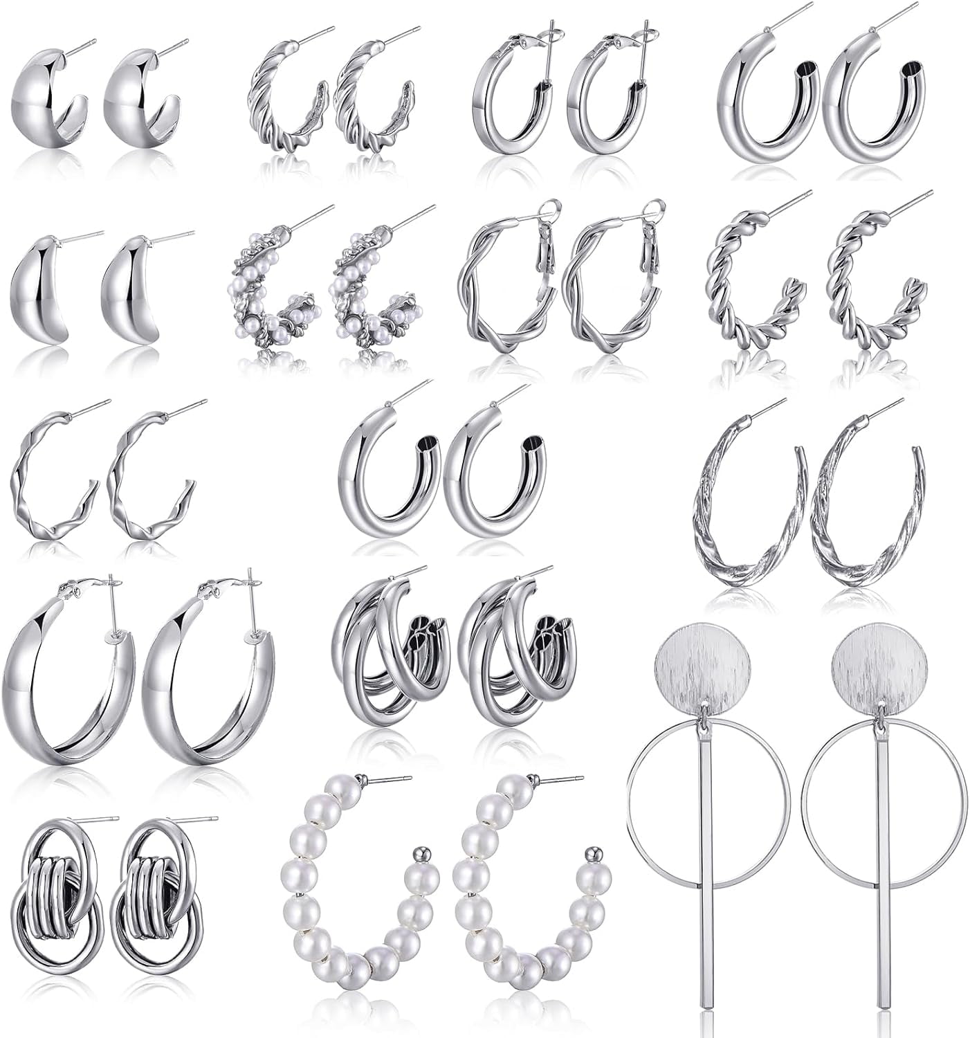 XBage 16-24 Pairs Gold Silver Black Earring Set For Women, Chunky Earring Multipack Punk Trendy Big Small Stud Hoop Earring Lightweight Twisted Pearl Ear Pack For Daily Birthday Party Gift[Z3687]