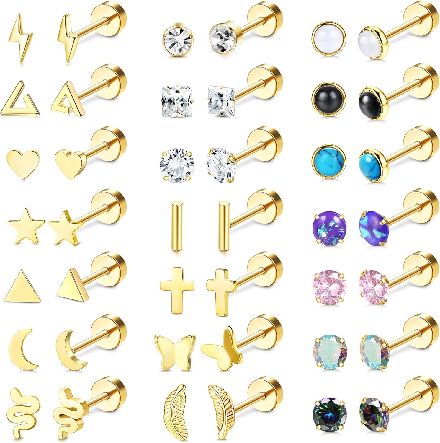 XBage 25 Pairs Surgical Steel Stud Earrings For Women Multipack Cartilage Earring Opal Moonstone Turquoise Butterfly Flower Star Flat Back Earrings Silver[1141]
