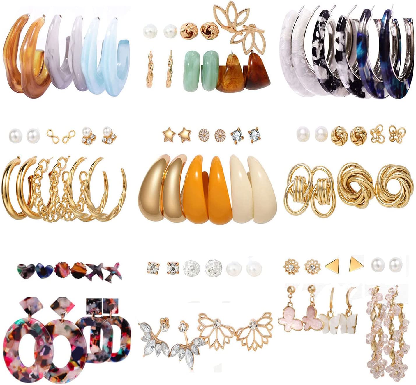 XBage 45 Pairs Gold Earrings Set For Women, Fashion Drop Dangle Earrings Statement Vintage Acrylic Hoop Pearl Studs Hypoallergenic Earrings Multipack For Valentine'S Day Gifts[eo697]