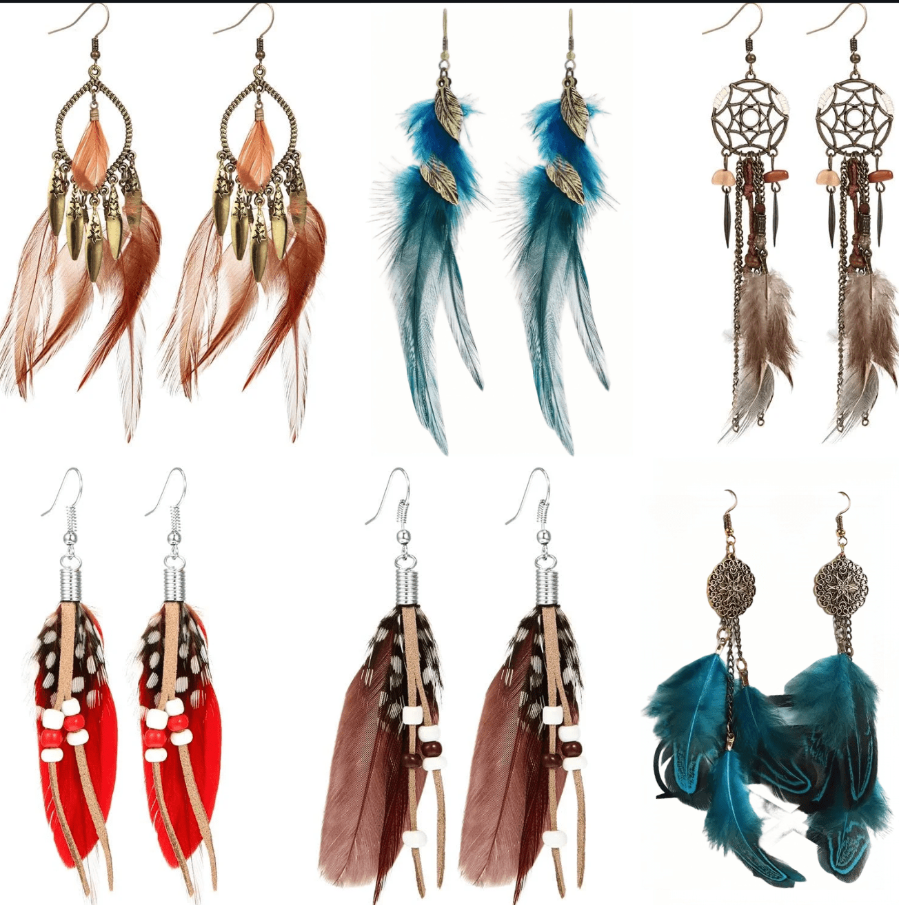 XBAGE 6 Pairs Women Faux Feather Earrings Dream Catcher Bohemian Fringe Tassel Long Drop Dangle Earrings Set With Design For Women[Z920]