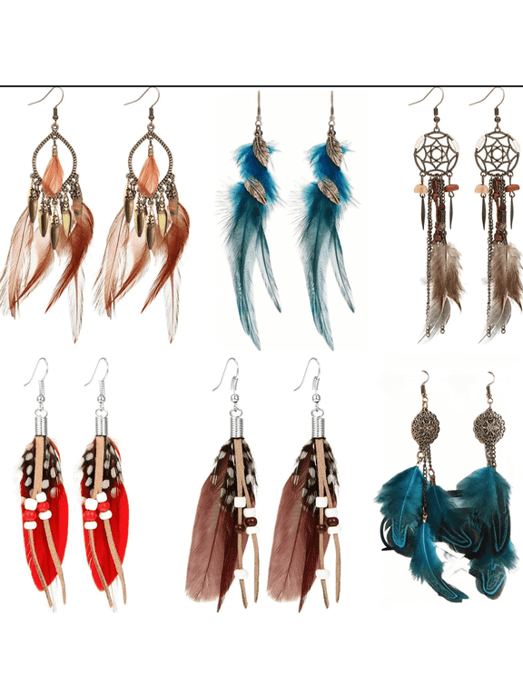 6 Pairs Women Faux Feather Earrings Dream Catcher Bohemian Fringe Tassel Long Drop Dangle Earrings Set With Design For Women[Z920]