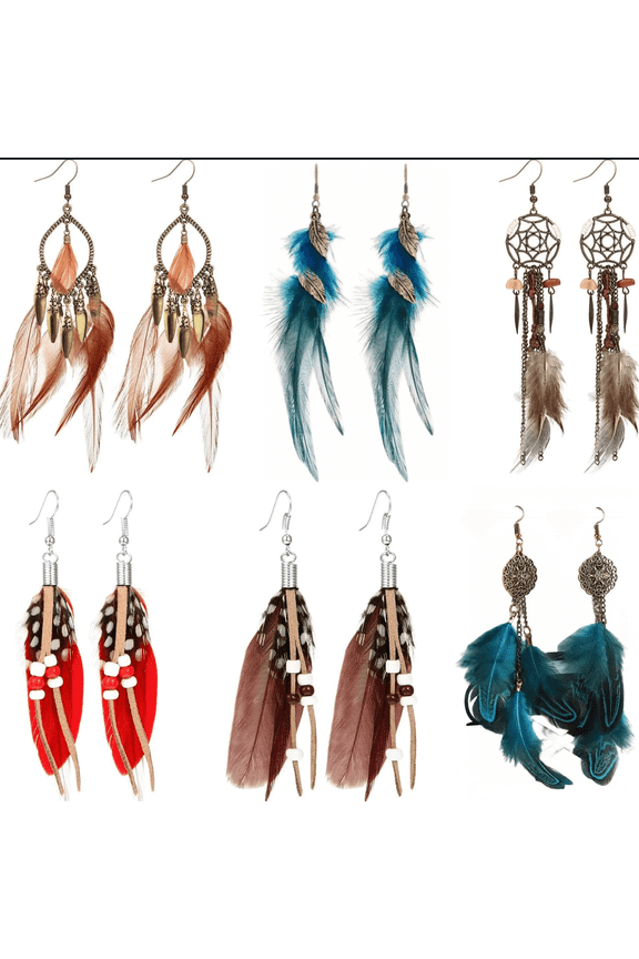 6 Pairs Women Faux Feather Earrings Dream Catcher Bohemian Fringe Tassel Long Drop Dangle Earrings Set With Design For Women[Z920]