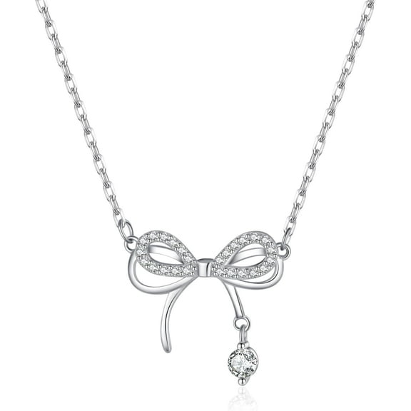 XBage 925 Sterling Silver Bow Choker Necklace For Women Teens Cz Bow Choker Necklace Pendant Bow Chain Necklace Ribbon Necklace【976】