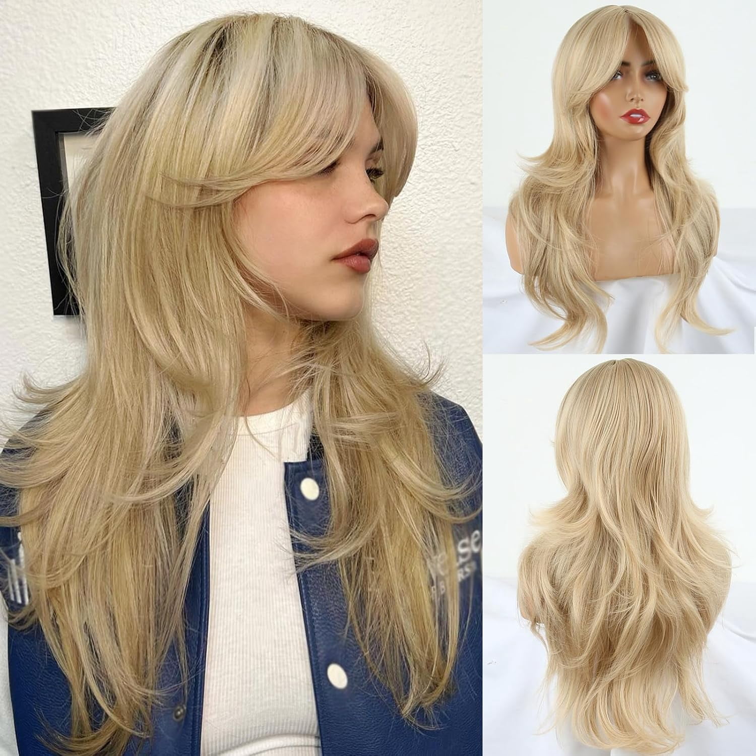 XBage Blonde Wig With Bangs - Wavy Strawberry Blonde To Honey Ombre ...