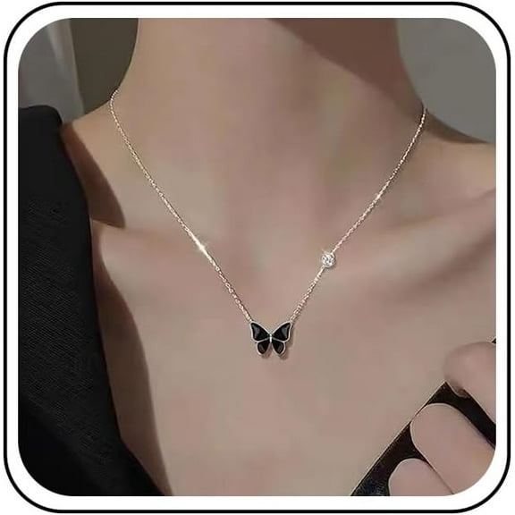 XBage Butterfly Pendant Necklace Silver Crystal Choker Necklace Chain Black Enamel Butterfly Neckalces Jewelry For Women[xl3534]
