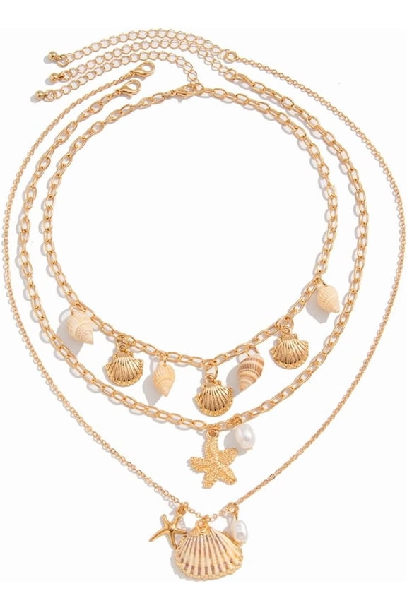 Charm Shell Necklace For Women Ocean Layered Summer Beach Jewelry Gold Plated Stackable Chain Boho Starfish & Pearl Gift[eo8570]
