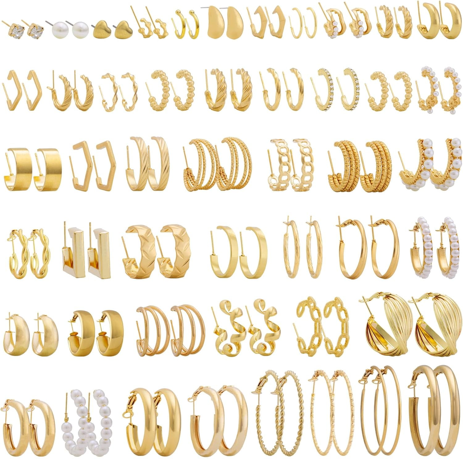 XBage Gold Earrings Set For Women Fashion Silver Hoop Earring Packs Chunky Twisted Pearl Stud Earrings Multipack Small Big Hoops Earring Packs For Birthday Party Gift24/36/48 Pcs)[Z164]