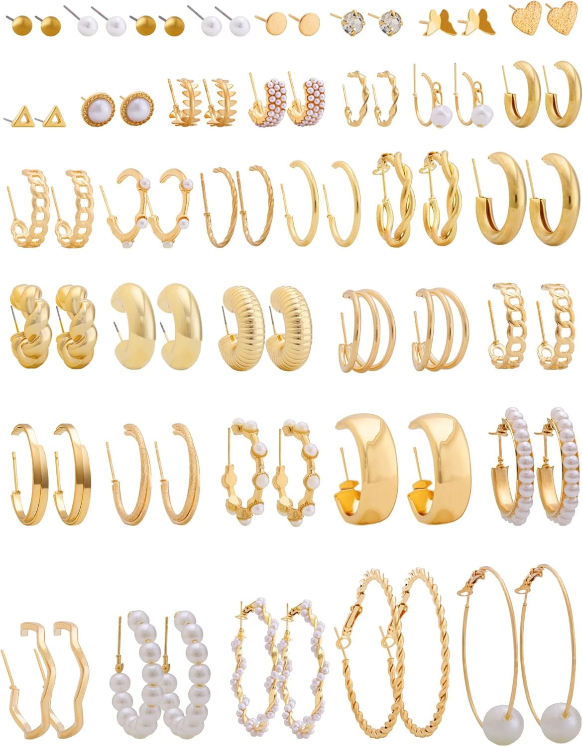 XBage Gold Earrings Set For Women Fashion Silver Hoop Earring Packs Chunky Twisted Pearl Stud Earrings Multipack Small Big Hoops Earring Packs For Birthday Party Gift24/36/48 Pcs)[H6433]