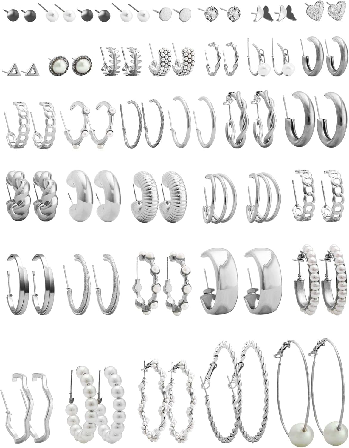 XBage Gold Earrings Set For Women Fashion Silver Hoop Earring Packs Chunky Twisted Pearl Stud Earrings Multipack Small Big Hoops Earring Packs For Birthday Party Gift24/36/48 Pcs)[Z367]