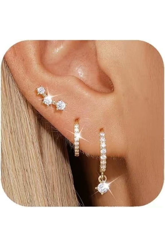 3pairs Gold Hoop Earrings Set For Women,Dainty14K Gold Plated Crawler Earring Stacks,Sterling Lightweight Cartilage Stackable Earring Stack,Dangle Hoop Earrings Sets For Multiple P[H300]