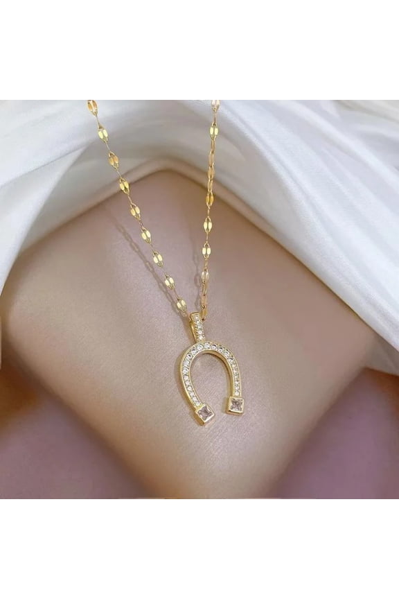 Horseshoe Pendant Crystal, Necklace, Surgical Stainless Steel, 18 Inch