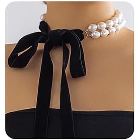 YMCSTONEMA Gothic Vintage Double Layered Pearl Choker Necklace Long Black Velvet Wide Ribbon Bow Tie Necklace Pearl Bead Collar Necklace Party Bar Halloween Costume Jewelry For Women (Style1)[xl5594]