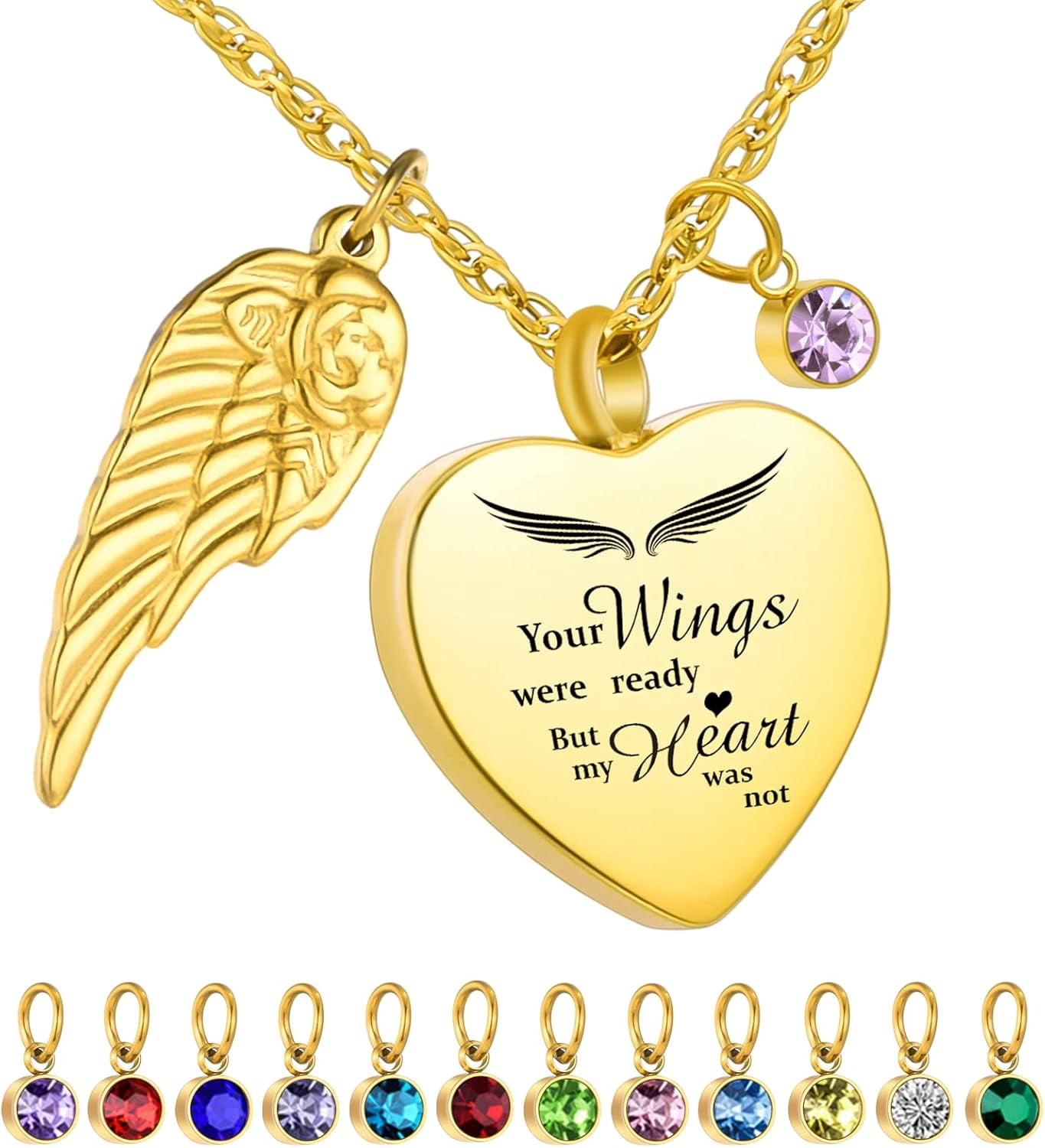 Misyou Heart Memorial Necklace For Ashes - Angel Wing Cremation Urn Pendant With 12 Birthstones, Stainless Steel Keepsake Jewelry - View #4