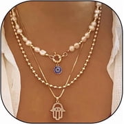 YMCSTONEMA Layered Evil Eye Necklace For Women Dainty 14K Gold Plated Faux Pearl Beaded Choker Necklaces Stacking Rhinestone Hamsa Evil Eye Pendant Necklaces Jewelry Gifts[xl5744]