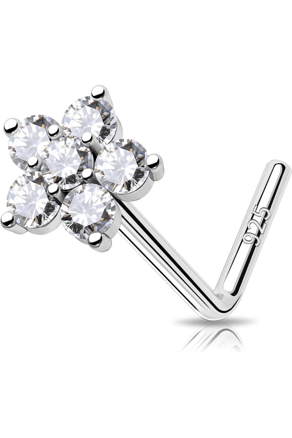 Meiighting 925 Sterling Silver Flower Nose Stud L Shaped Nose Ring 20G Solid Silver Nose Piercing Jewelry Clear Cz For Women Men Nostril Piercing[bh957]