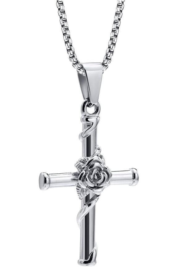 Men Women Cross Rose Pendant Necklace With 24 Inch Stainless Steel Chain For Birthday1354