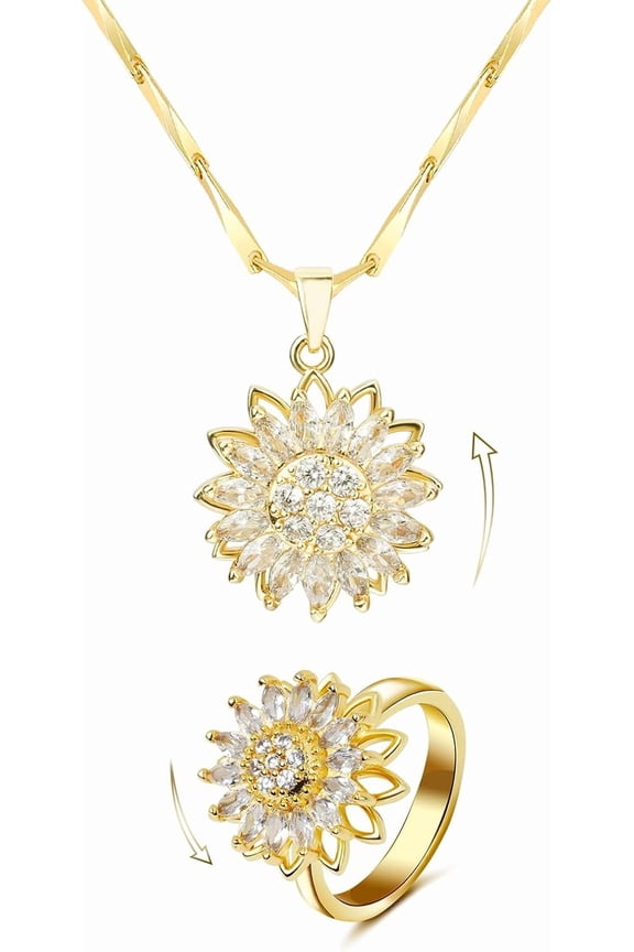 Spinning Sunflower Necklaces For Women 18K Gold Plated Fidget Necklace And Ring Set With Cubic Zirconia Adjustable Anxiety Relief Flower Jewelry Set For Women Gifts[xl7575]