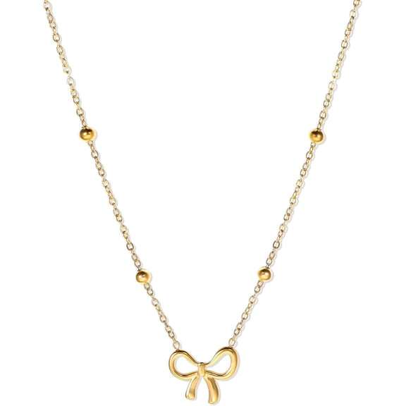 XBage Steel Gold Bow Necklace For Women Dainty Bow Pendent Choker Necklace Gold Beaded Necklace Bow Jewelry9