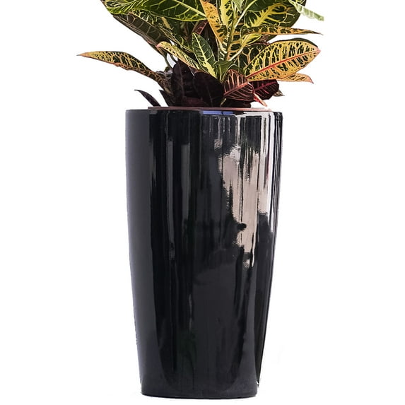 XBrand 21" H Black Plastic Self Watering Indoor Outdoor Tall Round Planter Pot w/Glossy Finish, Decorative Gardening Pot, Home Décor Accent