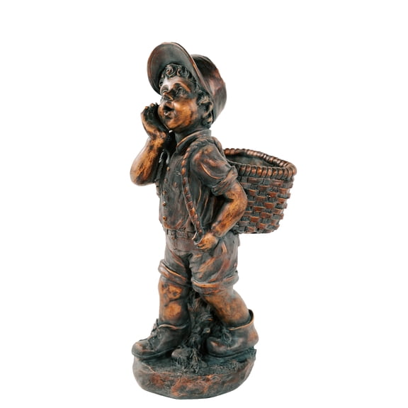 XBrand 24" H Faux Bronze Magnesium Oxide Walking Boy Garden Statue w/Small Flower Plant Pot, Outdoor Dcor, Natural Design Sculpture