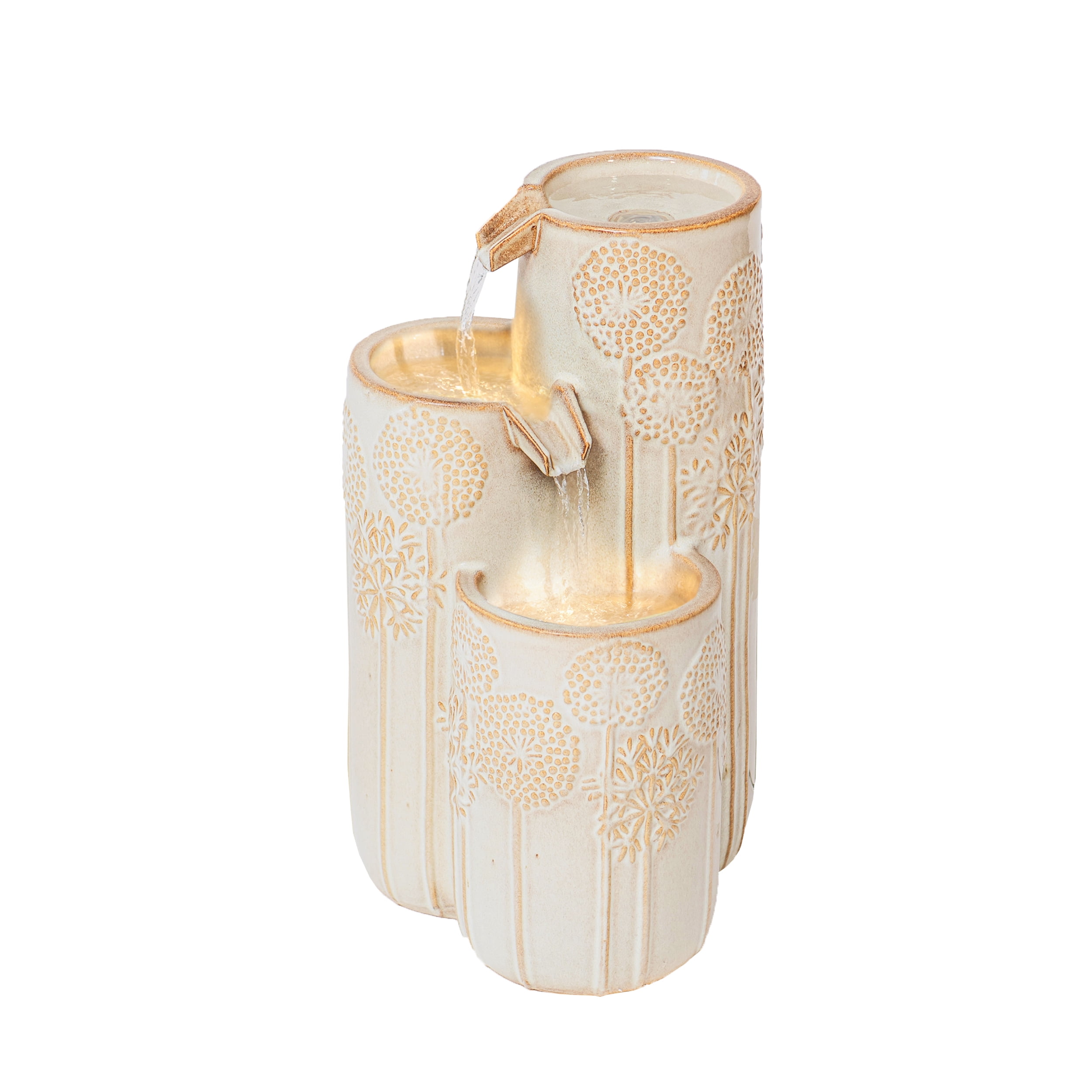XBrand 25 in H Freestanding Cascadian Outdoor Garden Fountain w/Flower Details & Warm LED Lights, Ceramic, Beige